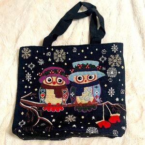 Winter Owls Tapestry Bag with zipper lined interior.